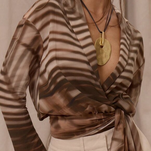 Multicolor Women's Elegant Boho Lapel Collared Chiffon Patterned Wrap top - Picture 4 of 6